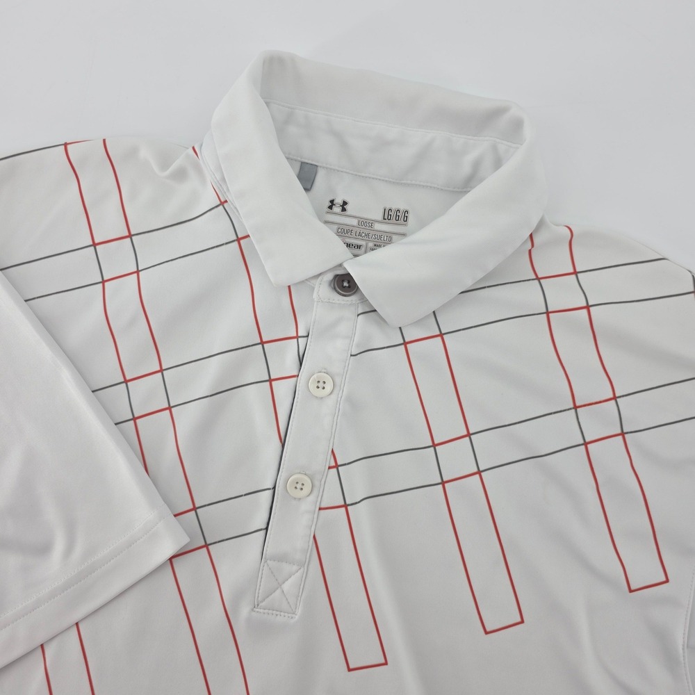 Under Armour Mens HeatGear Polo Shirt Large White Plaid Grid Golf Athletic Loose
